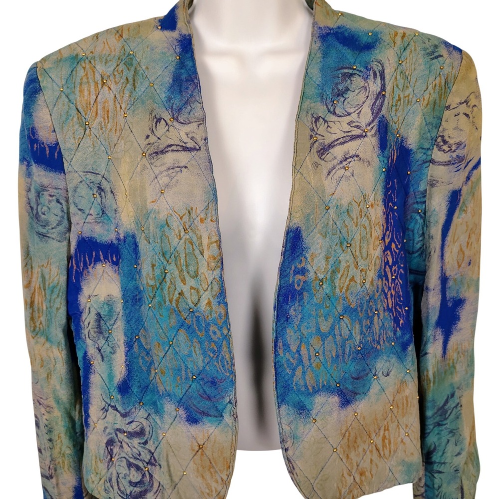 City Girl Nancy Bolen Vintage 80s Abstract Quilted Studded Blazer Blue Tan 8